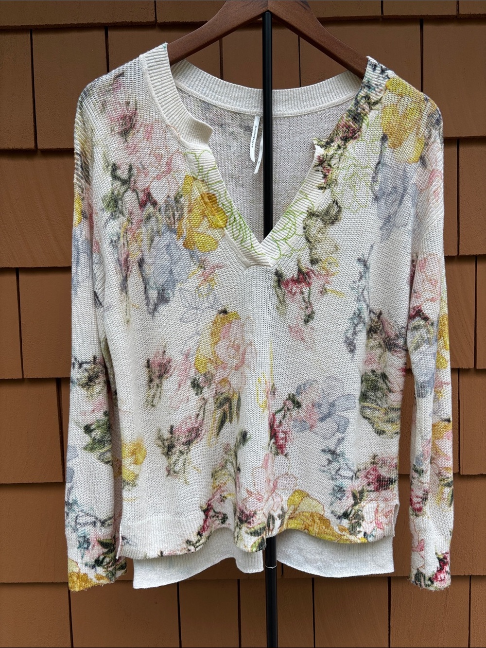 By ANTHROPOLOGIE | Cream Floral Linen Blend Cottagecore V Neck Sweater | Size XS